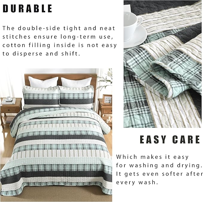 Homzard King Comforter,Cotton King Size Quilt,Teal Black Beige Bedding Set,Plaid Striped Bedspread,Lightweight Reversible Coverlet All Season 3 Pieces