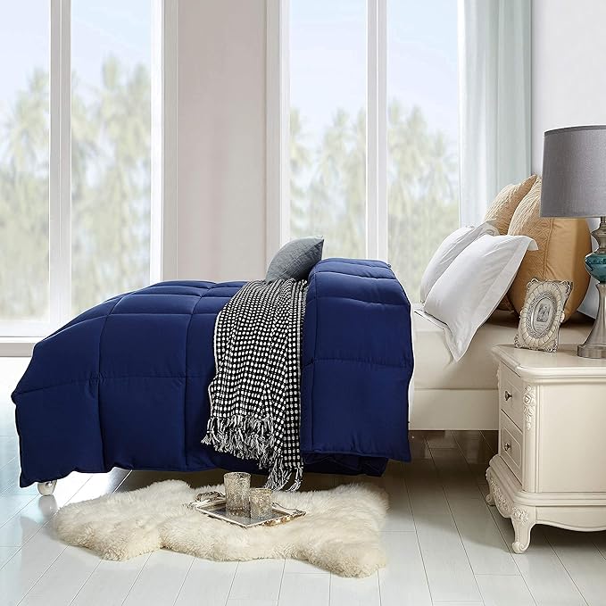 Lavish Comforts® Navy Blue Comforter – Fluffy Down Alternative Dark Blue Comforter, All-Season Queen Duvet Insert, Hypoallergenic, Machine Washable with Corner Loops