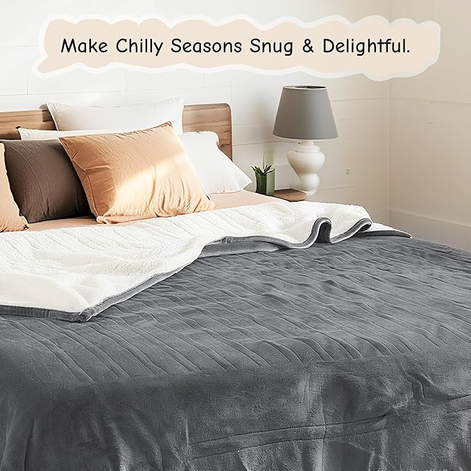 Electric Heated Blanket Throw 50"x60", Soft Flannel Sherpa Heating Throw with 4 Heat Settings, 3-Hour Auto Shut-Off Timer, Grey