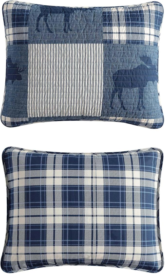 Eddie Bauer - King Quilt Set, Naturally Soft Cotton Bedding w/a Lightweight Feel for All-Year Comfort, Reversible w/Matching Pillowcases, 3 Piece Bed Set (Moose Plaid/Pinstripe/Patchwork Blue)