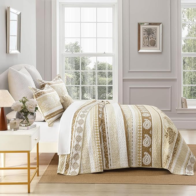 Bedding Set, King Size Quilt, Cotton Bedding Comforter Sets, Brown Taupe Striped Pattern Bed Set, Lightweight Reversible Bedspreads, Machine Washable Coverlet Neutral 3 Pieces