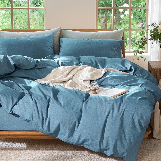 MooMee Bedding Duvet Cover Set 100% Washed Cotton Linen Like Textured Breathable Durable Soft Comfy (Heathered Peacock Blue, Palatial King/Oversized King 120"x98")
