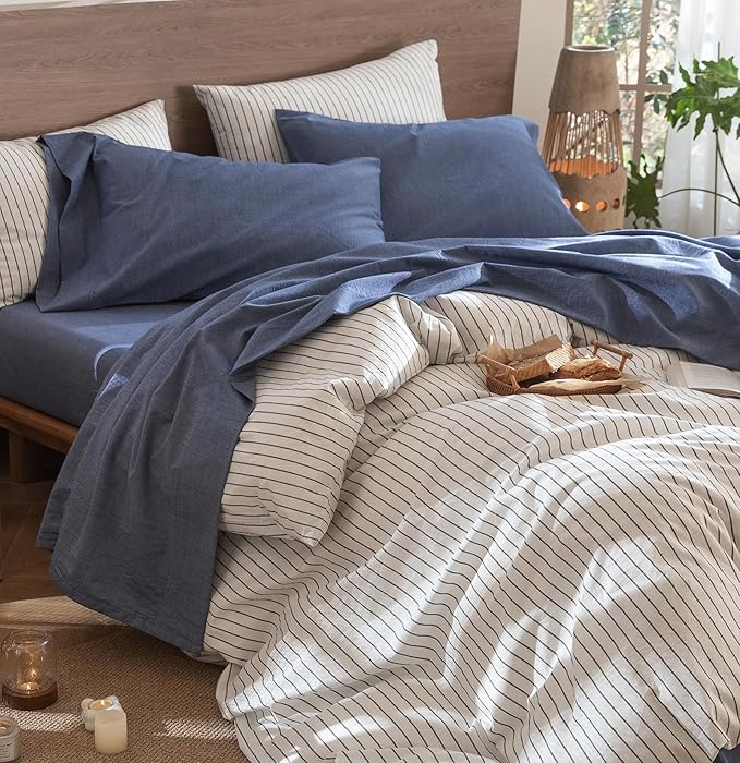 MooMee Bedding Sheet Set 100% Washed Cotton Linen Like Textured Breathable Durable Soft Comfy (Heathered Blue, Queen)