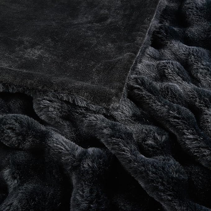 Fluffy Cozy Fuzzy Plush Bubble Blanket - Luxury Faux Rabbit Fur Throw Blanket Thick Warm Decorative for Bed, Sofa (King Size 108''x90'', Black)