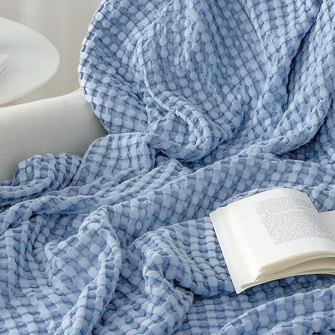 Bedsure Cooling Cotton Waffle King Size Blanket - Lightweight Breathable Blanket of Rayon Derived from Bamboo for Hot Sleepers, Luxury Throws for Bed, Couch and Sofa, Sky Blue, 104x90 Inches