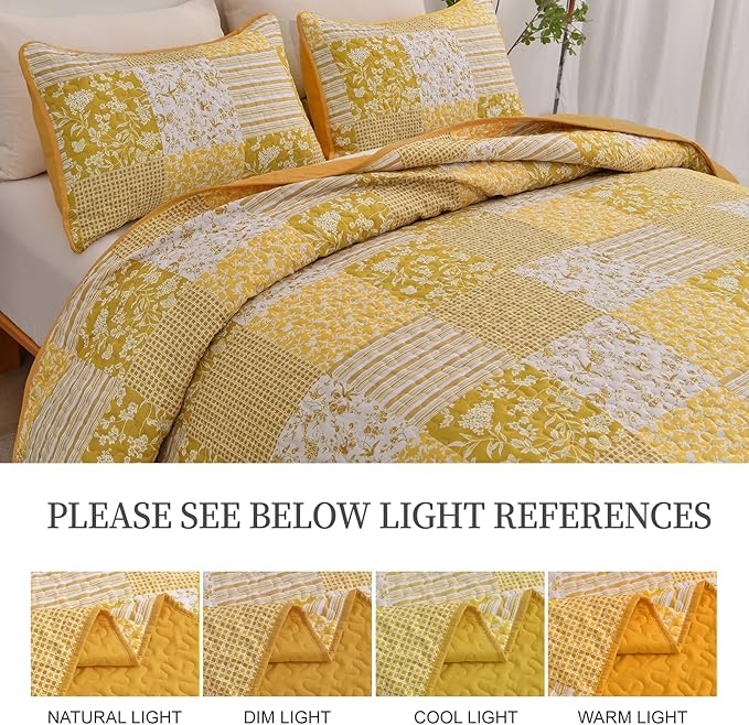 Mybedsoul Yellow Boho Quilt Set King Size,3 Pieces Plaid Floral Bedspread Coverlet Set Summer,Patchwork Reversible Bedding Set King 90"x104"