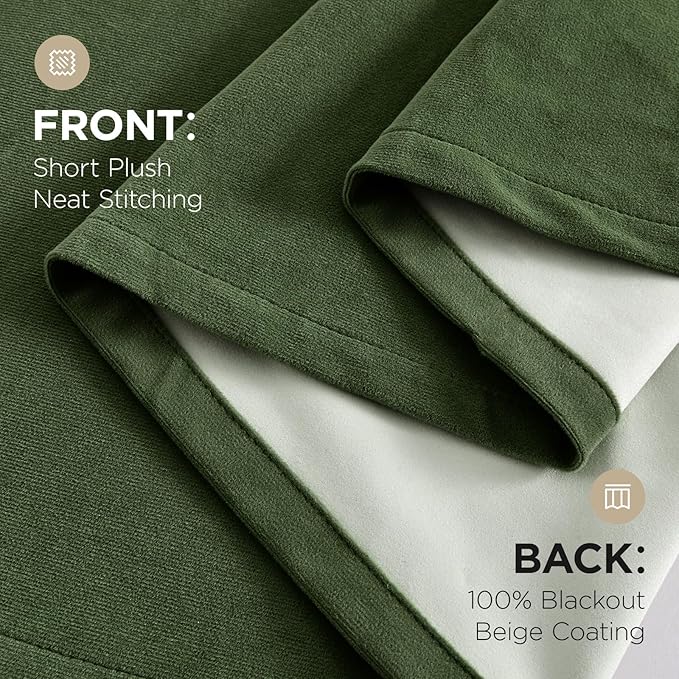Joydeco Olive Green 100% Blackout Curtains 96 Inch 2 Panels, Luxury Thermal Green Velvet Curtains for Bedroom Living Room, Soundproof Blackout Window Drapes, Rod Pocket & Back Tab (52W x 96L)