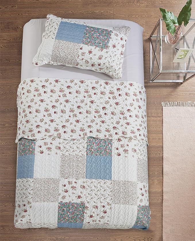 Brilliant Sunshine Pink Rose with Small Blue Check Patchwork, 2-Piece Quilt Set with 1 Sham, Reversible Bedspread, Soft Lightweight Coverlet, All-Season, Twin, Pink Blue