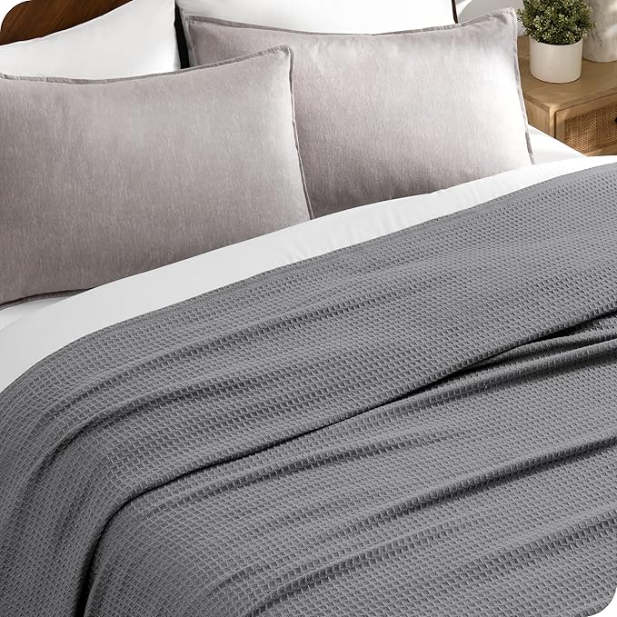 Bare Home Grey Waffle Blanket, Full/Queen 90Wx90L, 100% Cotton, Soft & Breathable Throw for All Seasons, Lightweight Blanket, Perfect for Layering Bed, Sofa & Couch (Full/Queen, Grey)