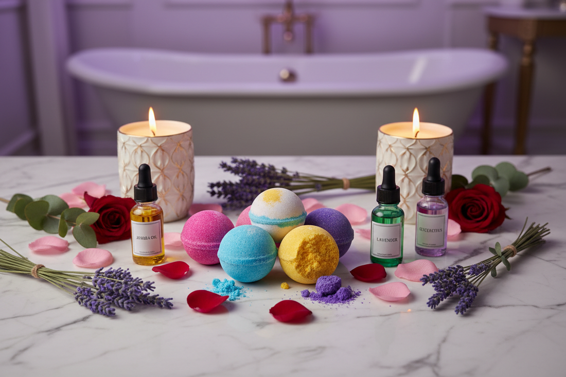 Aromatherapy Bath Rituals with Bath Bombs, Carrier & Essential Oils, and Bath Candles & Holders
