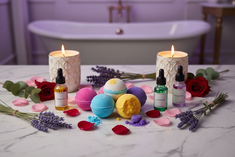 Aromatherapy Bath Rituals with Bath Bombs, Carrier & Essential Oils, and Bath Candles & Holders
