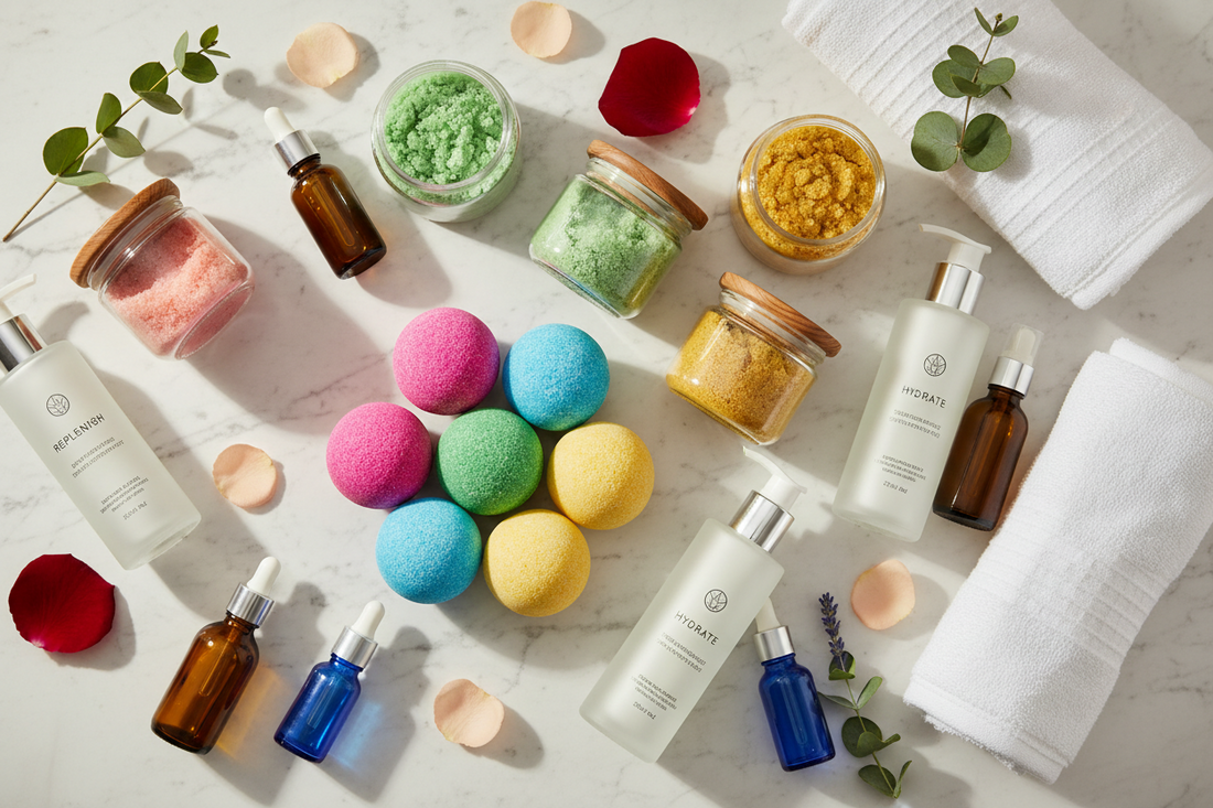 Full-Body Rejuvenation System Using Bath Bombs, Scrubs & Body Treatments, and Carrier & Essential Oils