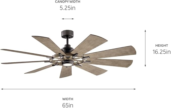 KICHLER Gentry 65” LED Ceiling Fan in Anvil Iron, Extra Large Indoor Fan with Reversible Blades and Modern Design, 300265AVI