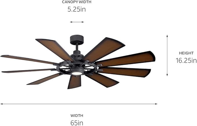 KICHLER 65 inch Gentry LED Ceiling Fan in Distressed Black with Reversible Blades, Extra Large