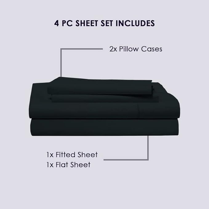 Pizuna Pure 100% Cotton Sheets Full Size, 800 Thread Count Long Staple Crisp Sateen Sheets with 15 Inch Deep Pocket - Combed Black