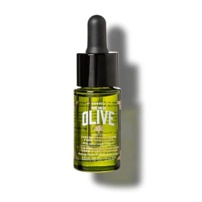 KORRES Mini Pure Greek Olive 3-in-1 Oil for Face, Hair & Body, Lightweight Moisturizer for Dry Skin & Hair, Cold-Pressed, Antioxidant-Rich Hydrating Oil, 0.51 fl oz, Stocking Stuffer