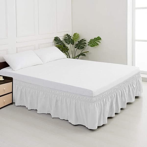 MEILA Wrap Around Bed Skirt Three Fabric Sides Elastic Dust Ruffled 18 Inch Tailored Drop,Easy to Install Fade Resistant-White, Queen/King