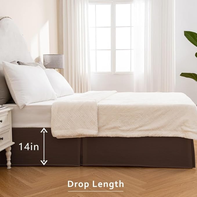 MIYE Pleated Waffle Weave Bed Skirt, Tailored Dust Ruffle 14 Inch Drop Easy Fit, Machine Washable (Brown, Full - 14" Drop)