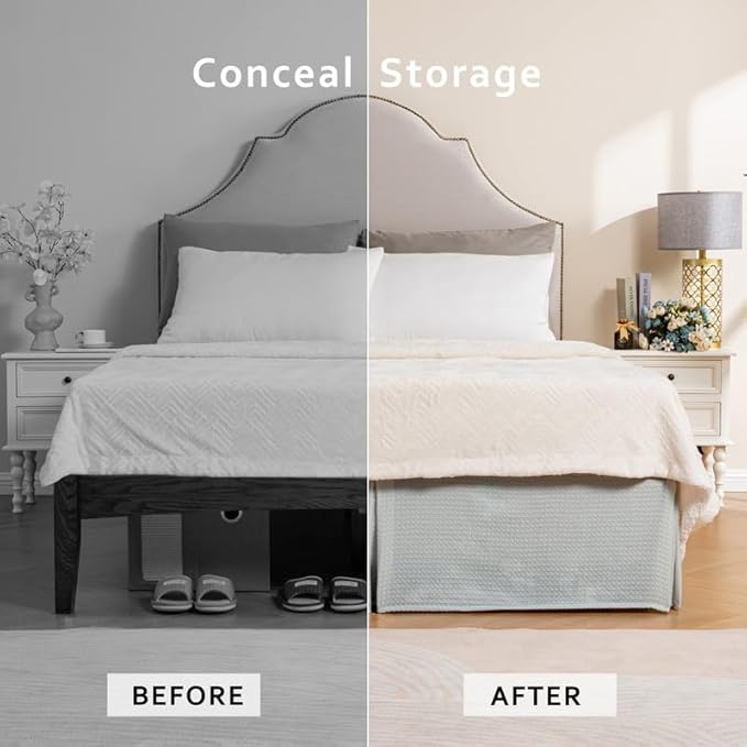 MIYE Pleated Waffle Weave Bed Skirt, Tailored Dust Ruffle 14 Inch Drop Easy Fit, Machine Washable (Light Grey, Queen - 14" Drop)