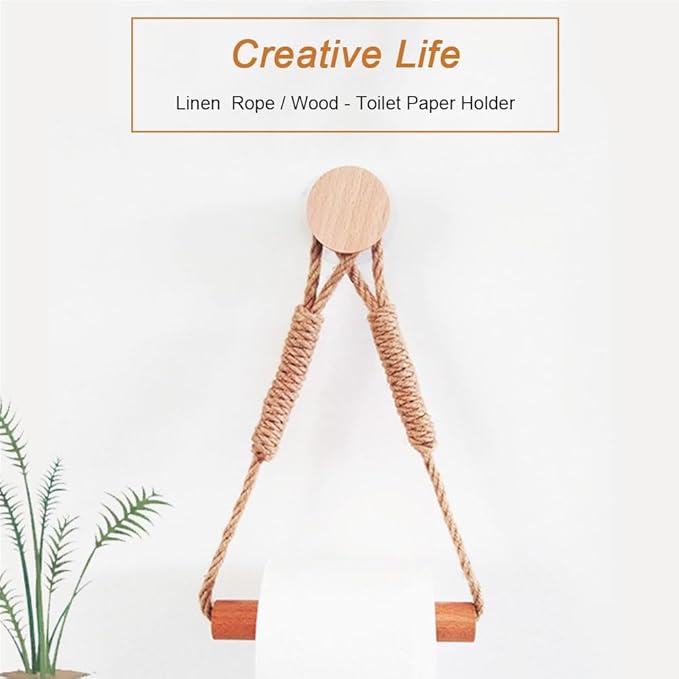 Wood & Rope Wall Toilet Paper Holder, Rustic Tissue Rolls Paper Holder Wall Mounted, Nautical Rattan Bathroom Accessories with Self-Adhesive Seamless Screw