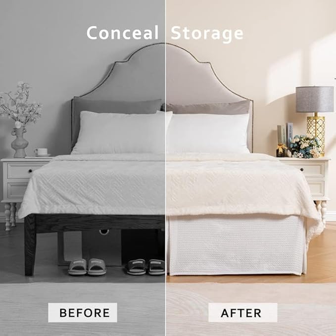 MIYE Pleated Waffle Weave Bed Skirt, Tailored Dust Ruffle 22 Inch Drop Easy Fit, Machine Washable (White, Queen - 22" Drop)