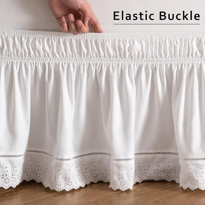 MIYE Wrap Around Ruffled Lace Bed Skirt, Elastic Dust Ruffle with Adjustable Belts, Easy to Put On, Bed Frame Cover, Machine Washable (Embroidered/White, King/Queen-22 Drop)