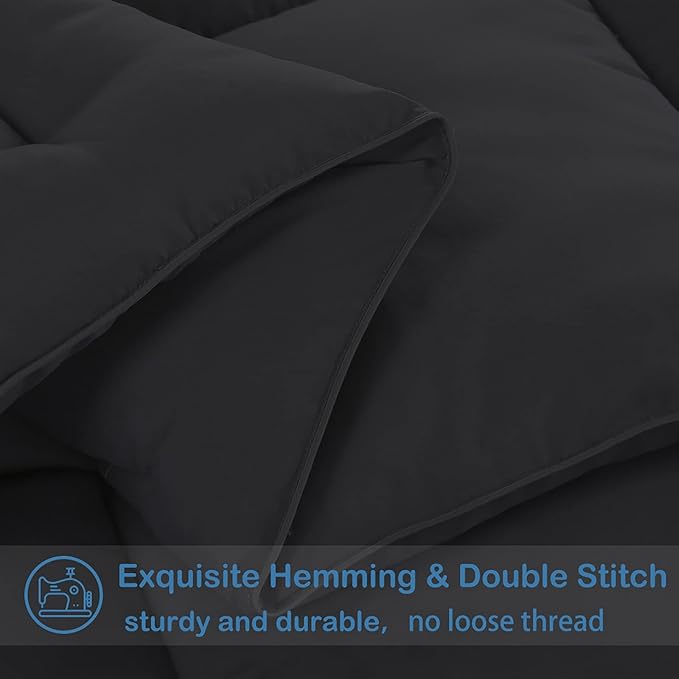 EASELAND Twin XL Down Alternative Comforter - Quilted Duvet Insert for All Seasons, Soft Lightweight with Corner Tabs, Summer Winter Warm Bedding, Black 68×92 Inches