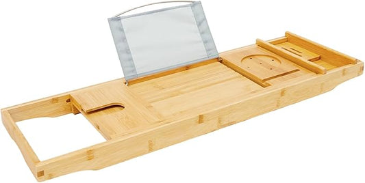 Bathtub Tray, Expandable Bamboo Bath Tray Wood Bath Caddy with Wine Glass Holder, Book & Tablet Stand for Bathroom Accessories Spa Relaxation Housewarming & Wedding Gift