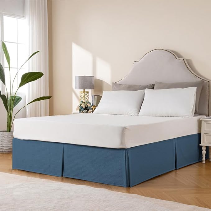 MIYE Pleated Waffle Weave Bed Skirt, Tailored Dust Ruffle 16 Inch Drop Easy Fit, Machine Washable (Blue, Queen - 16" Drop)