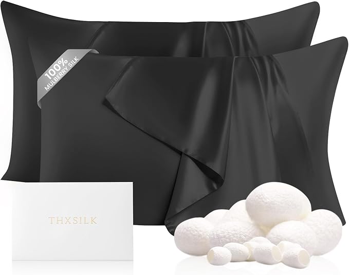 THXSILK Set of 2 Mulberry Silk Pillow Cases, 100% Mulberry Silk Pillowcases for Hair and Skin, 22 Momme Hypoallergenic Pillow Cover with Hidden Zipper, 2pcs (Black, Standard 20"x26")