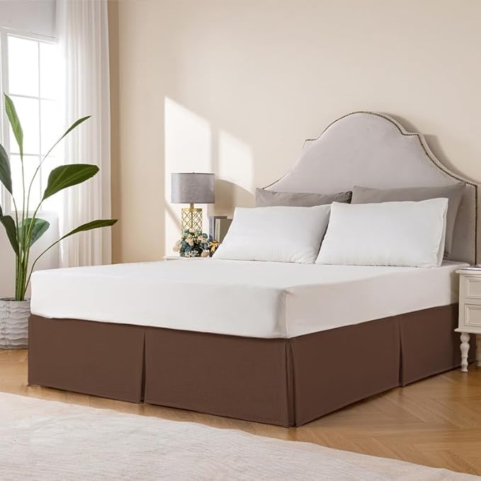 MIYE Pleated Waffle Weave Bed Skirt, Tailored Dust Ruffle 16 Inch Drop Easy Fit, Machine Washable (Brown, King - 16" Drop)