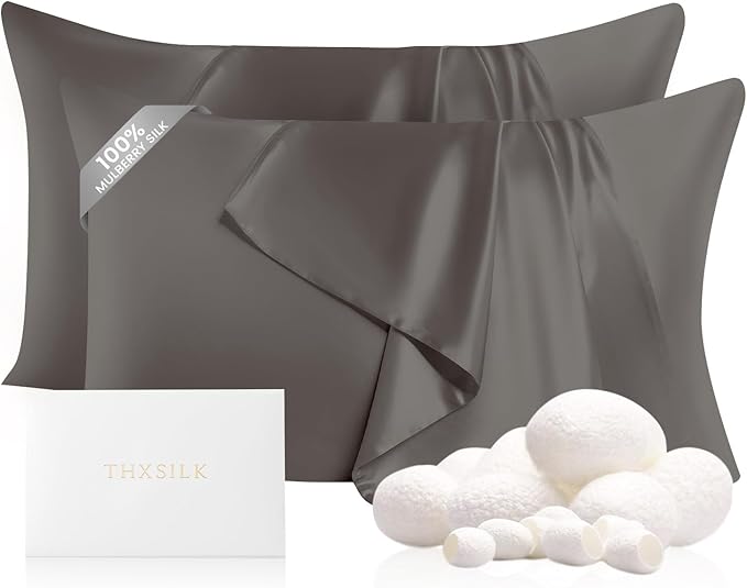 THXSILK Set of 2 Silk Pillow Cases, 100% Mulberry Silk Pillowcases for Hair and Skin, 22 Momme Mulberry Silk Pillow Cover with Hidden Zipper, 2pcs, (Dark Gray, Standard 20"x26")
