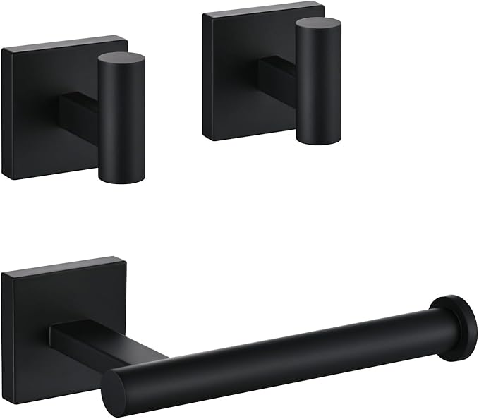 Matte Bathroom Hardware Set, Toilet Paper Holder with 2 Square Towel Hooks, 3PCS SUS 304 Stainless Steel Set, Wall Mounted, Rust Resistant, Modern Fingerprint-Free Finish (Black)