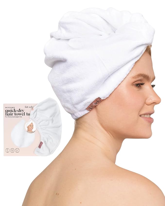 Kitsch Microfiber Hair Towel Wrap for Women - Microfiber Towel, Super Absorbent, Quick Dry, Anti-Frizz - for Long and Short Hairs, Turbans for Women, Hair Wrap - White