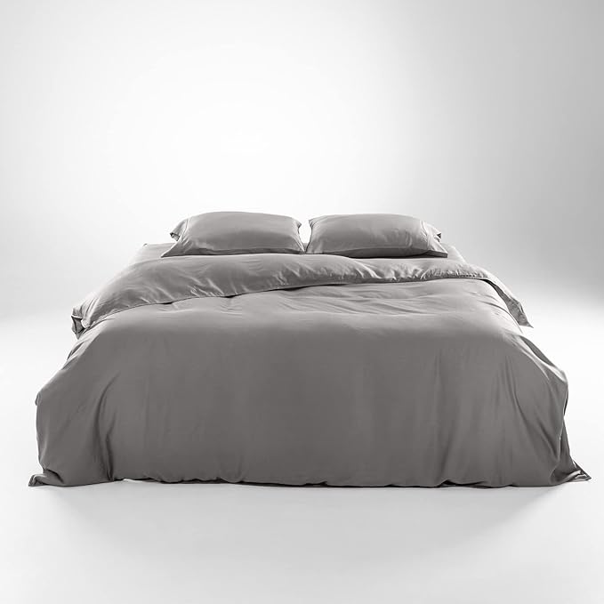 Olive + Crate Tencel Eucalyptus Cooling Duvet Cover Set - Hypoallergenic, Lyocell Tencel Duvet Cover - Soft, Temperature Regulating with Hidden Button Closure & Corner Ties - Queen Size [Stone Gray]