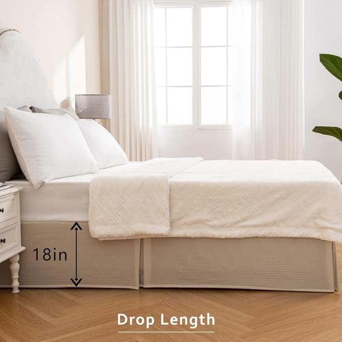 MIYE Pleated Waffle Weave Bed Skirt, Tailored Dust Ruffle 18 Inch Drop Easy Fit, Machine Washable,No Split Corners (Beige, King - 18" Drop)