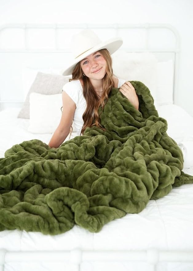 Minky Couture Hugs Blanket - Extra Plush Blanket for Premium Gifting - Stretchy Bubbled Cozy Throw - Silky Smooth - Durable & Machine-Washable - Travel-Friendly - Adult, Camp Green