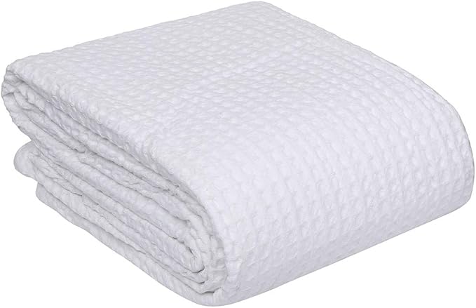 HILLFAIR 100% Combed Cotton Blanket– Twin XL Size Bed Blankets– Warm Soft All Season Breathable Lightweight Summer Blankets– Waffle Weave Home Decor Bed Blanket- White Bed Cotton Blankets/Bedcovers