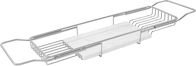 Bathtub Tray Caddy for Luxury Bath, Stainless Steel 26.8-35.4 in Expandable Extra Wide Bath Tub Tray with Natural Marble and Mobile/Tablet Stand, Ideal for Home Spa Lovers (Silver + White)