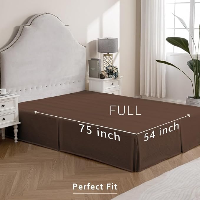 MIYE Pleated Waffle Weave Bed Skirt, Tailored Dust Ruffle 16 Inch Drop Easy Fit, Machine Washable (Brown, Full - 16" Drop)