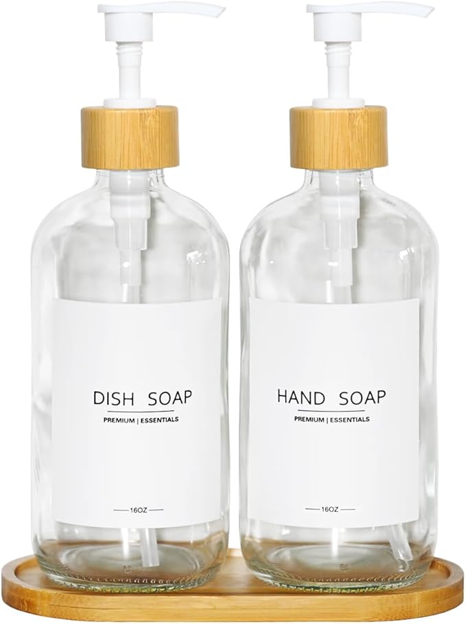 Luxury Glass Soap Dispenser Set - 2 Refillable 16.9oz Bottles, Bamboo Pump & Tray for Farmhouse & Modern Decor, 9 Waterproof Labels for Kitchen/Bathroom (Clear Bottle+White Bamboo Pumps+Tray)