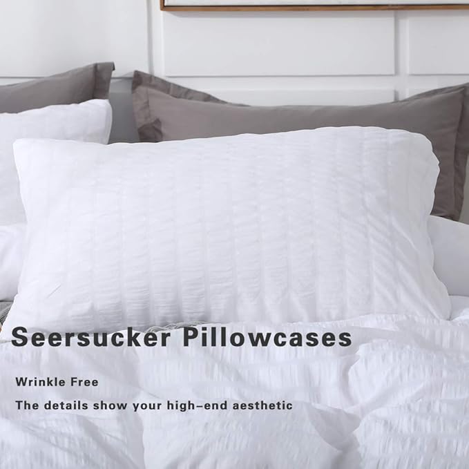 AveLom White Duvet Cover Set California King Size (104 x 98 inches), 3 Pieces (1 Duvet Cover + 2 Pillowcases), Seersucker Soft Washed Microfiber, Textured Duvet Cover with Zipper Closure, Corner Ties