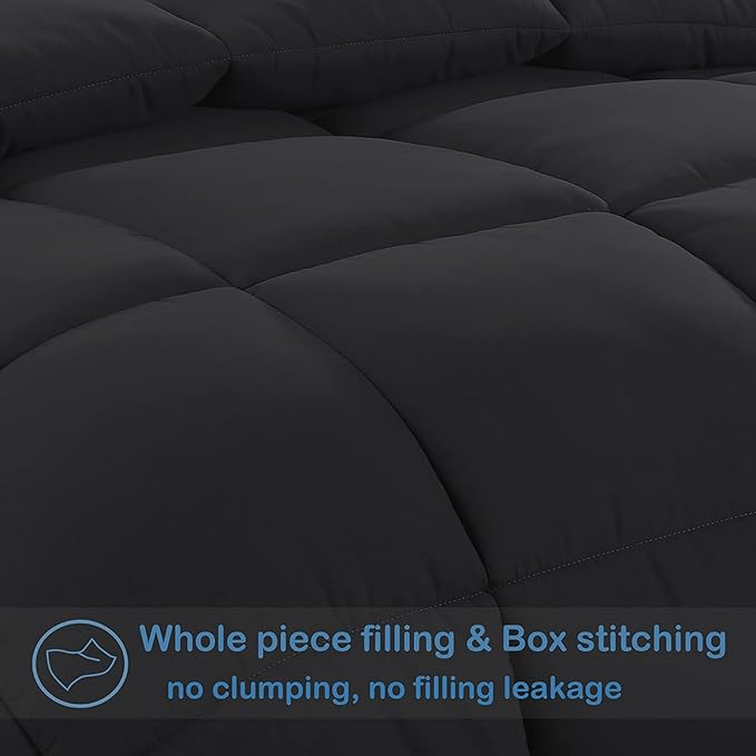 EASELAND King Size Down Alternative Comforter - Quilted Duvet Insert for All Seasons, Soft Lightweight with Corner Tabs, Summer Winter Warm Bedding, Black 90x102 Inches