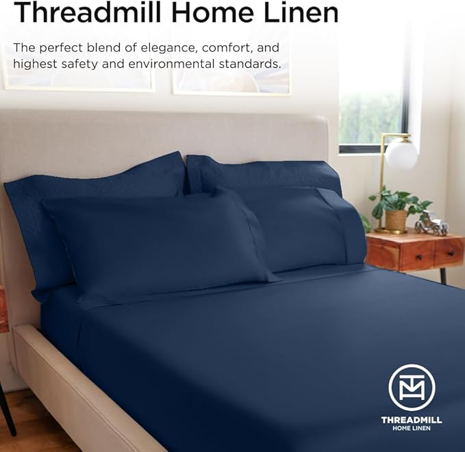 Threadmill 100% Cotton Sheets for Twin XL Size Bed - 600 Thread Count Twin XL Bed Sheets Set with 15” Deep Pocket - Sateen Weave 3-Piece Bedding Set with Cooling Effect, Folkstone Blue
