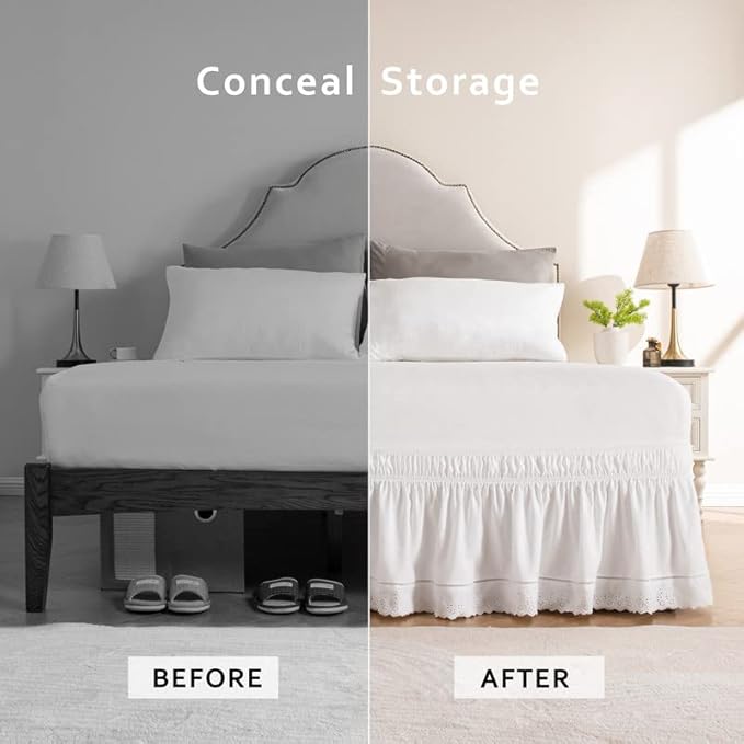MIYE Wrap Around Ruffled Lace Bed Skirt, Elastic Dust Ruffle with Adjustable Belts, Easy to Put On, Bed Frame Cover, Machine Washable (Embroidered/White, King/Queen-12.5" Drop)