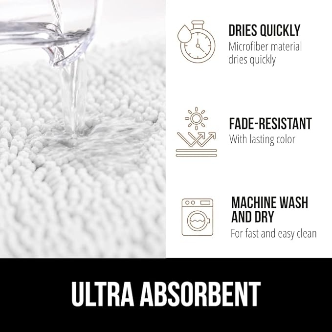 GORILLA GRIP Bathroom Rug Sets, Soft Chenille 2 Piece Area Rugs Set, Toilet Base Mat and 30x20 Carpet, Absorbent Microfiber Washable Mats Dry Quickly, Home Décor and Bath Room Accessories, White