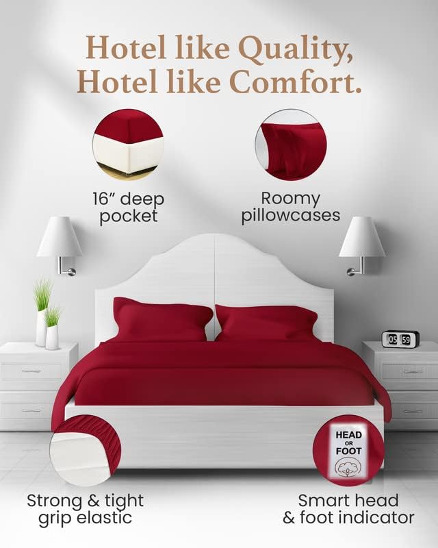 Good Sleep Bedding King Size Sheets Deep Pocket Set - 4 Pc, Egyptian Cotton, Luxury Quality Like Hotel Sheets, Soft 16 Inch Deep Pocket Sheet & Pillowcase Sets - Burgundy Red