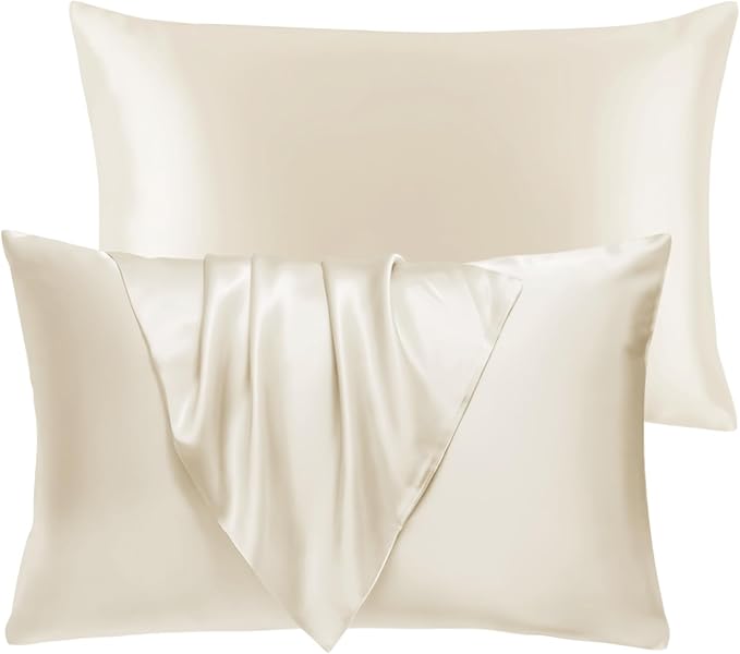 BHZ Satin Goose Down Feather Pillows Queen Size Set of 2 with Beige Satin Pillowcase for Hair and Skin, Cooling Pillow Cases Similar to Silk Pillow Cases, Decorative for Women, Mom Men