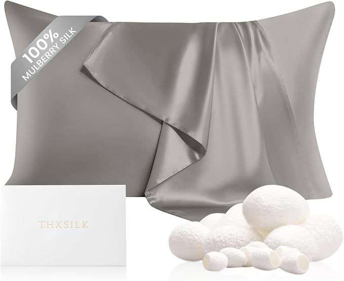THXSILK 100% Mulberry Silk Pillowcase, 22 Momme Mulberry Silk Pillow Cover with Conceded Zipper, Soft Breathable Smooth, Silk King Pillow Case (Grey)