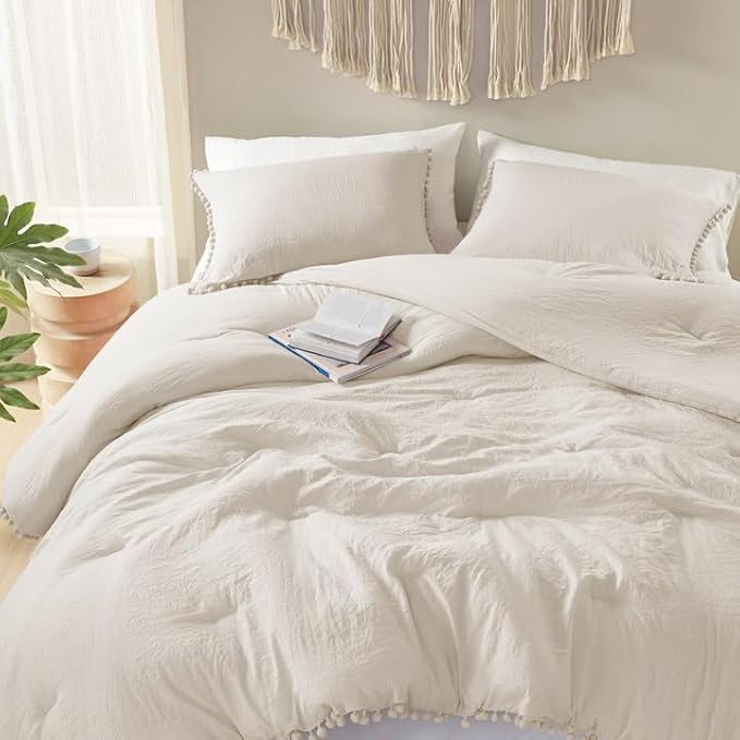 Codi Beige King Comforter Set - Boho Chic Bedding with Pom Fringe, Soft Washed Microfiber Taupe 3-Piece Set, 1 Comforter & 2 Pillowcases, Lightweight Luxury, King Size